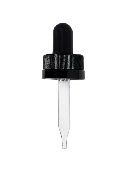 Clear dropper bottle with black cap on a white background